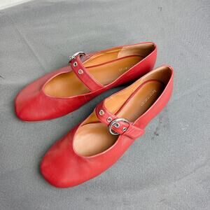 Reformation Bethany Red Leather Ballet Flats Silver Buckle 8